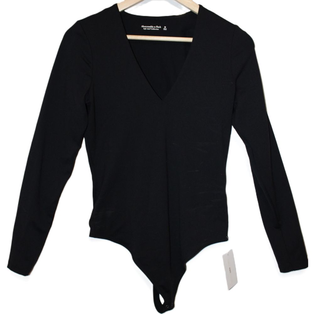 Women Abercrombie & Fitch Soft AF Black Nylon V-Neck Long Sleeve Bodysuit Size M